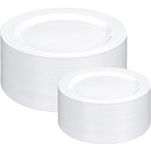 200PCS White Plastic Plates Disposable 10inch Dinner Plates and 7inch Dessert Salad Plates Heavy Duty Plates for Wedding Party and Birthday