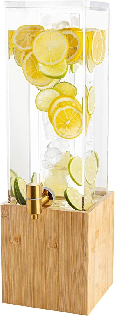 1.25 Gallon Acrylic Beverage Dispenser with Bamboo Stand  Iced Drink Dispenser with Stainless Steel Spigot & Built-in Ice Core