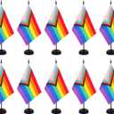 ZXvZYT Pride Rainbow Flag Banner New Intersex Progress Desk Flag Set Small Mini Gay LGBTQ Office Table Stick Flags with 12" Solid Pole Black Stand Base Decorations (12 Pack)