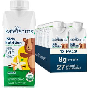 KATE FARMS Organic Kids Nutrition Vanilla Shake, 8g Protein, 27 Vitamins and Minerals, Meal Replacement, Gluten Free, Non-GMO, 8.45 oz (12 Pack) (EXP 04/24/27)