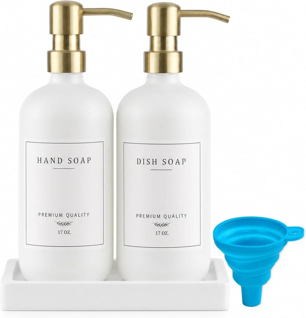 Thick Glass Soap Dispenser - Kitchen Dish Hand Soap Dispenser Set,Rustproof Pump Soap Lotion Dispenser Bathroom with Tray,14 Stickers for Kitchen Decor White Bottle/Gold Pump