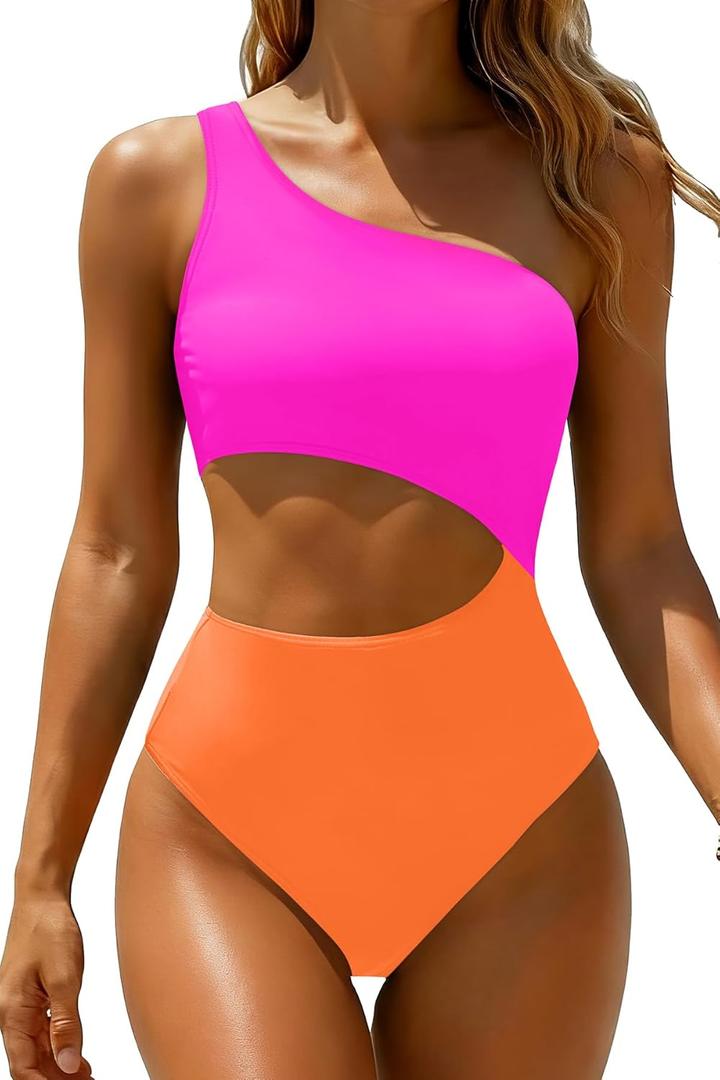 Women's One Piece Swimsuit- One Shoulder Bathing Suit Cutout Tummy Control Swimwear (X-Large, Pink Orange)