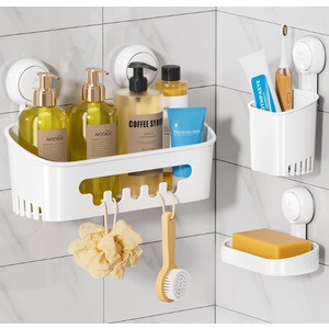 LEVERLOC Shower Caddy Suction Cup Set Shower Organizer & Soap Holder & Toothbrush Holder, Bathroom Shelf Basket NO-Drilling, Removable Suction Storage Waterproof Bathroom Caddy, White | Shower Organizer, Soap Holder, Toothbrush Holder, Removable Suction, Storage, Waterproof