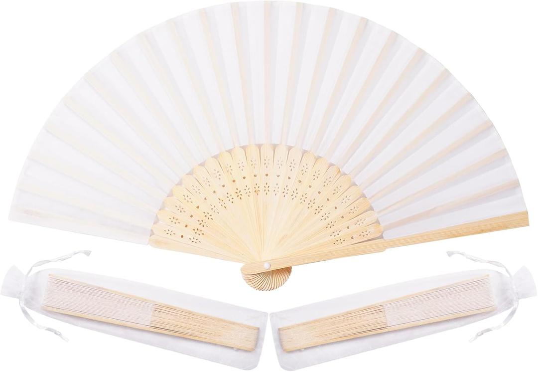 Sepwedd 50pcs White Imitated Silk Fabric Bamboo Folded Hand Fan Bridal Dancing Props Church Wedding Party Favors with Organza Bags (2 Count (Pack of 50))