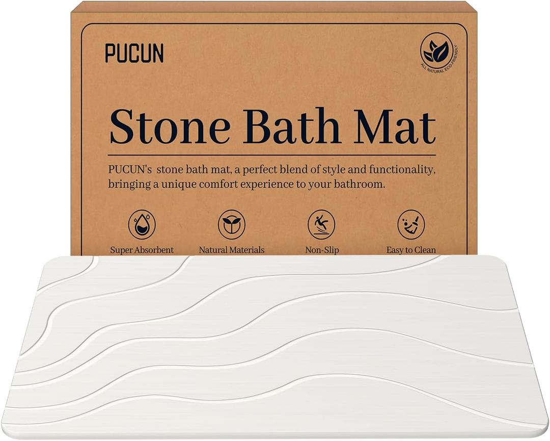 Stone Bath Mat Diatomaceous Earth Non-Slip Shower Mat,Quick Drying Diatomite Bath Stone Mat for Bathroom Floor -Super Absorbent,Natural, Easy to Clean(24 * 16 White)