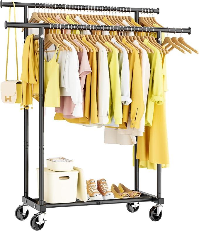 HYSEYY Clothes Rack, Double Rods Rolling Clothing Rack for Hanging Clothes, Portable Garment Rack with Wheels, Coat Rack Wardrobe Closet Load 240 LBS for Bedroom Laundry Room, Black