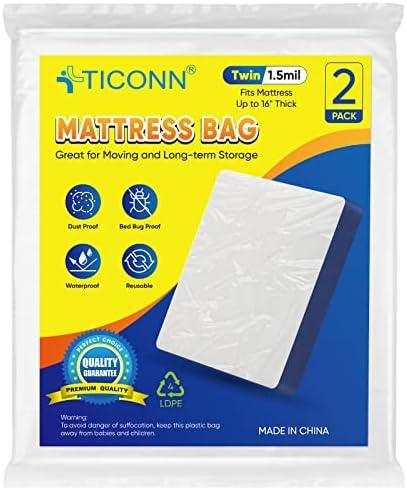 TICONN 2PK Plastic Mattress Bag for Moving Storage, Waterproof Mattress Protector Cover, Heavy-Duty Mattress Moving Supplies (1.5 mil, Twin)