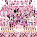 Pink Mouse Birthday Party Decorations Party Balloons, Pink Mouse Party Supplies Include Banner, Hanging Swirls, Foil Balloons, Cake Toppers, Cupcake Toppers, Tablecloth