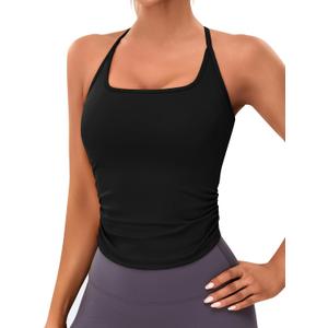 BMJL Womens Workout Tank Tops Built in Bra Ruched Gym Tops Racerback Athletic Yoga Shirts (Black, S)