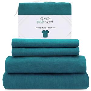 Posh Home Jersey Knit Sheets - 3-Piece Set - Breathable & Soft Cotton Jersey - Includes Flat Fitted Sheet & 1 Pillowcase - Twin, Teal
