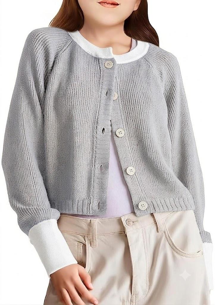 Girls Cardigan Sweater Kids Color Block School Uniforms Button Down Long Sleeve Knit Tops Tweens Winter Clothes Grey 11-12 Years