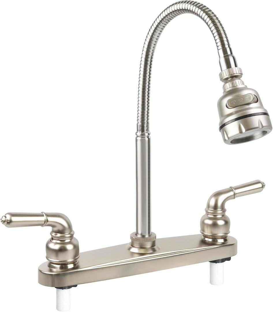 RV Kitchen Faucet,Camper Faucet Kitchen Replacement RV Sink Faucets with Flexible Arch 360 Swivel Rotatable Sprayer for Campers,Travel Trailers,Motorhomes,8 inch 2 Hole,Non-Metallic,Brushed Nickel