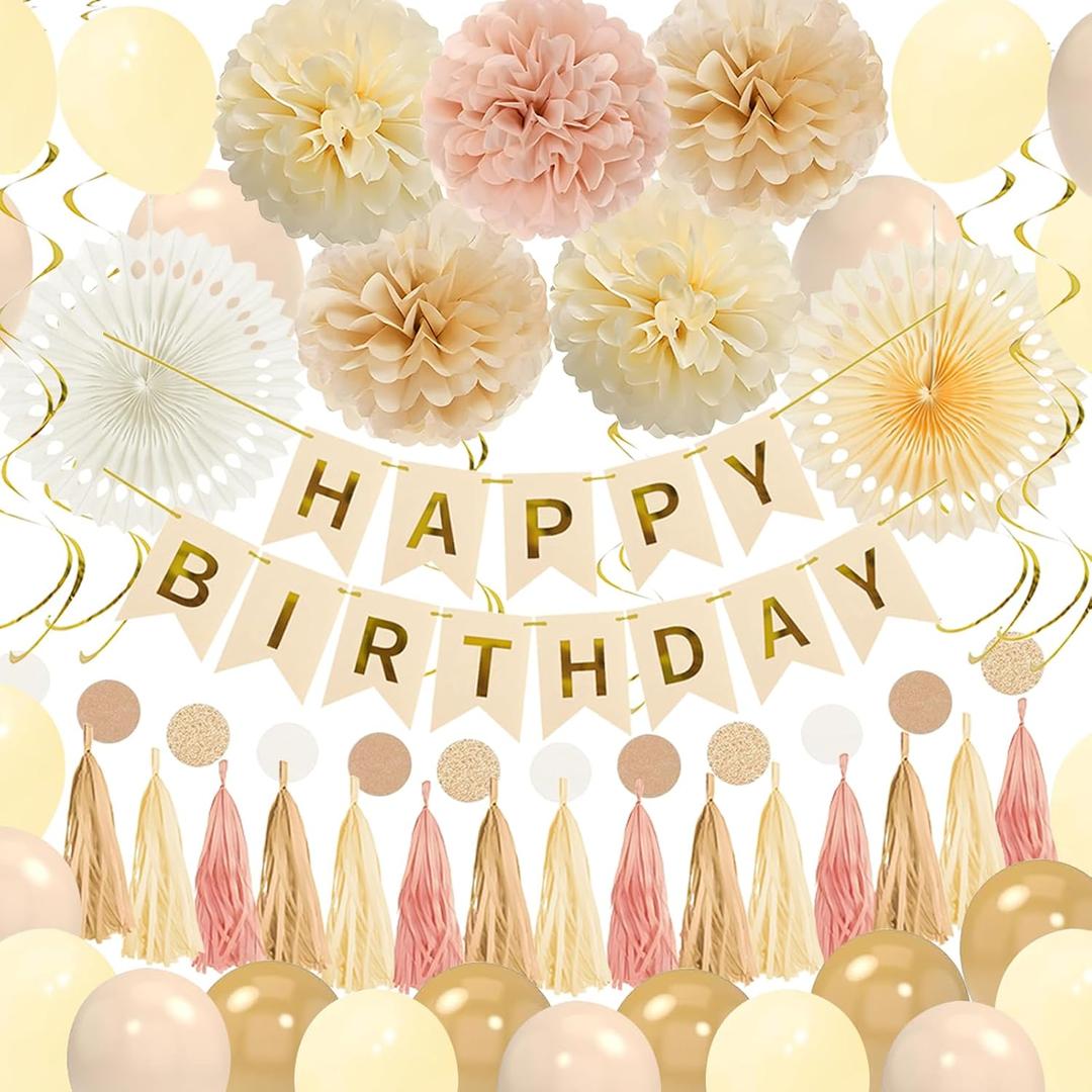 Champagne-Gold Happy Birthday Party Decorations for Women Girls with Happy Birthday Banner,Tassel,Tissue Paper Pompoms, Paper Flower Fan,Hanging Swirl,Circle Garland,Balloons for Party Decor