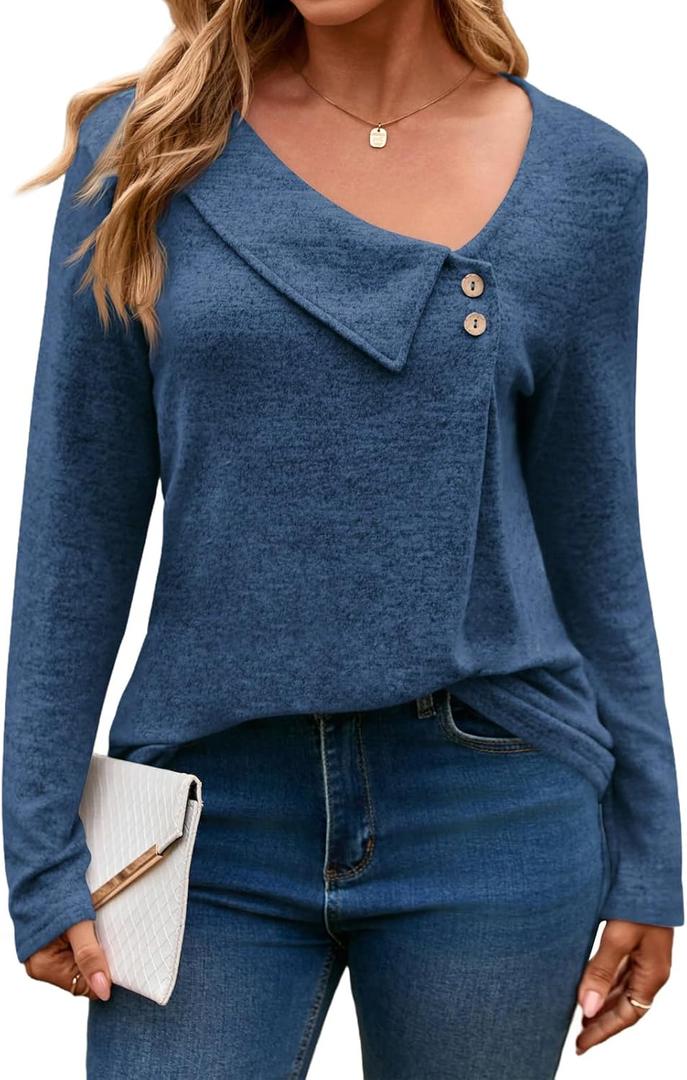 Yousify Womens Asymmetric V Neck Shirts Long Sleeve Fall Dressy Casual Button Down Tunic Tops Business Loose Fit Blouses (Medium, Dark Blue)