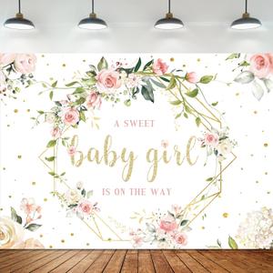 Omifly Baby Girl Backdrop for Photography 5Wx3H Baby Shower Floral Sweet Rose Flower Green Eucalyptus Leaves Gold Dot Background Party Decorations Cake Table Banner Decor Photo Booth Studio Props