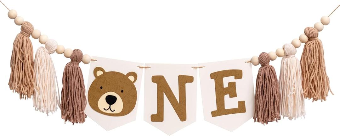 Bear Highchair Banner 1st Birthday - Beary First Birthday High Chair Banner, Bear Theme Party Supplies Decor for Anniversary, Cake Smash, Photo Prop (Tassels)
