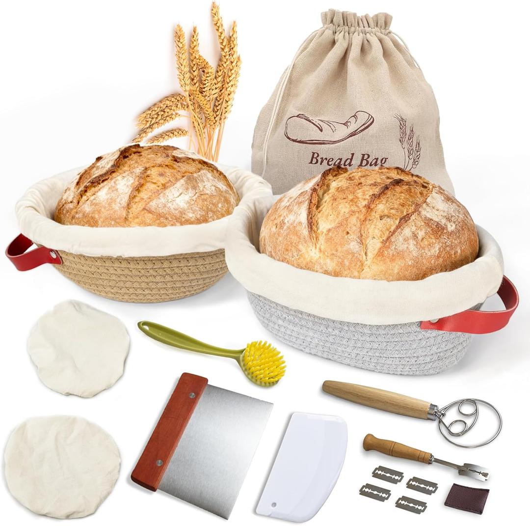 Sourdough Starter Kit With 7.5" Round & Oval Banneton Bread Proofing Basket, Complete Sourdough Bread Baking Supplies, Bread Making Kit With Storage Bag, Gift For Beginner Baker