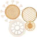 Boho Wall Basket Decor Set of 4 - Flat Woven Basket Wall Hanging Decor,Round Tassels White Macrame Tapestry Wall Decor Art,Handmade Rattan Wicker Seagrass Home Wall Baskets Decor(Wooden Beads Style) (beige neutral)