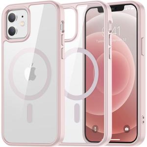 SUPFINE Magnetic for iPhone 12 Case,iPhone 12 Pro case, [Compatible with MagSafe][Clear Hard Back with Soft TPU Bumper][12FT Military Grade Drop Protection] Shockproof Phone Case,Clear Light Pink