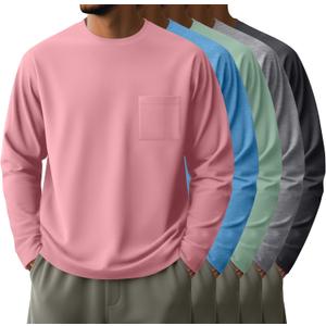 Neer 5 Pack Men's Big and Tall Long Sleeve Pocket T-Shirt Lightweight Crew Neck Shirts Slim Fit Top Casual Basic Tees (XXXL)
