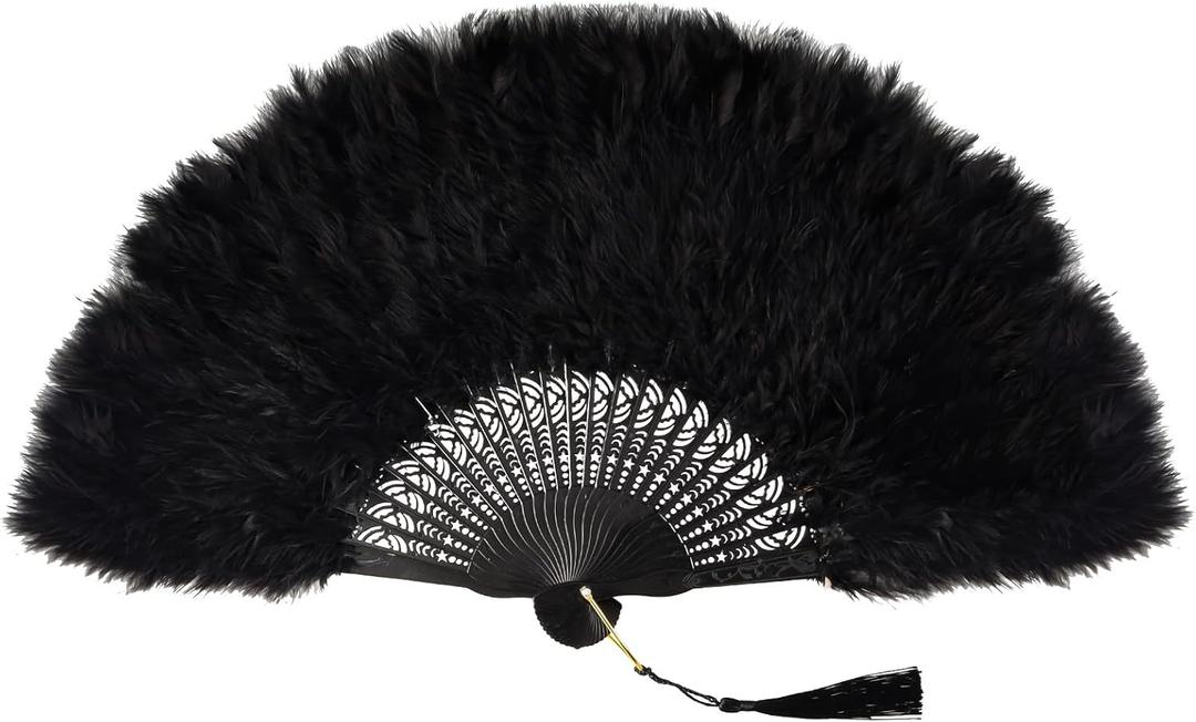 Fumwase 20s Vintage Folding Feather Fan 1920s Costume Vintage Flapper Handheld Fan for Tea Party Costume Party Wedding Dancing Decoration (Black)