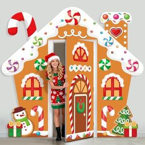 WovWeave 3 Pcs Christmas Gingerbread House Door Decorations Candy Cane Wreath Snowman Christmas Tree Gingerbread House Porch Banners for Holiday Classroom School Office Wall Display(Brown)