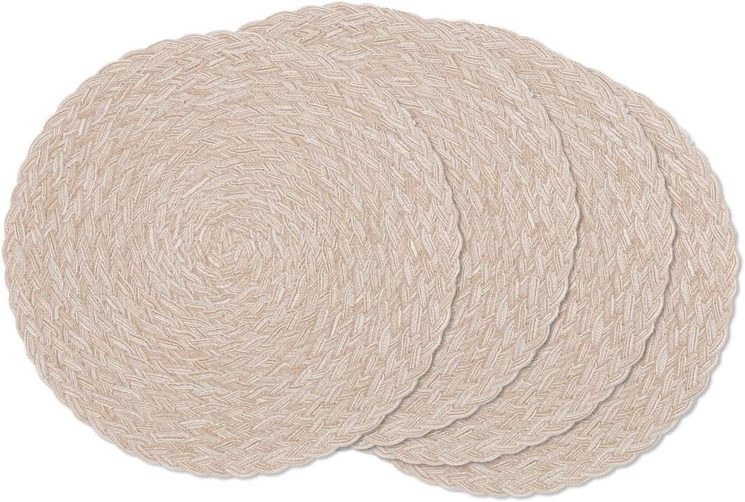 SHACOS Round Braided Placemats 15 inch Set of 4 Boho Woven Washable Kitchen Table Placemats for Home Wedding Party (T-Beige, 4)