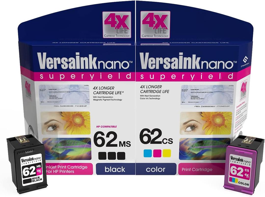 VersaInk-Nano HP 62 MS MICR Black Ink Cartridge for Check Printing & VersaInk-Nano 62 CS Tri-Color Ink Cartridge Pack