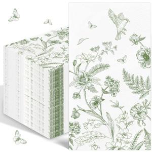 100PCS Green Floral Napkins Disposable Hand Towels for Bathroom 3 Ply Greenery Paper Napkins Vintage Bird Flower Guest Napkins Chinoiserie Napkins for Wedding Bridal Shower Cocktail Party
