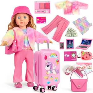 18 inch Doll Clothes and Accessories -Travel Suitcase Luggage, Clothes and Shoes, Bag, Sunglasses, Camera, Passport, Notebook, Phone, pad Travel Gear Play Set(No Doll)