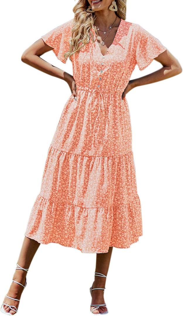 PRETTYGARDEN Summer Floral Dress for Women 2025 Casual Boho Short Sleeve Maxi Dresses V Neck Tiered Flowy Beach Sundress (Large, Orange Yellow)