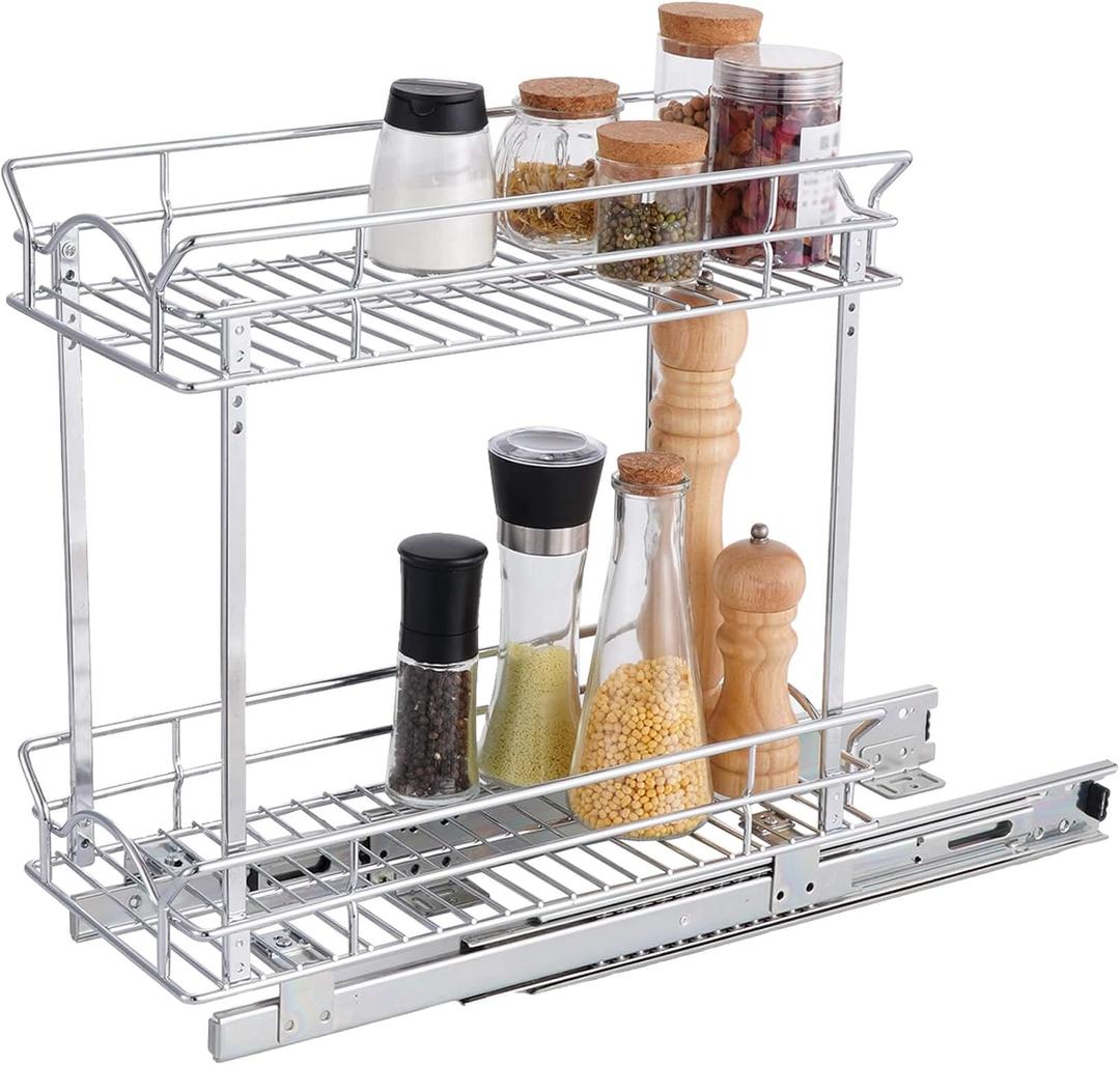OCG Slide Out Cabinet Organizer for Narrow Cabinet (9" W X 21" D), 2 Tier Pull Out Shelves Slim Sliding Cabinet Organizer and Storage, Chrome