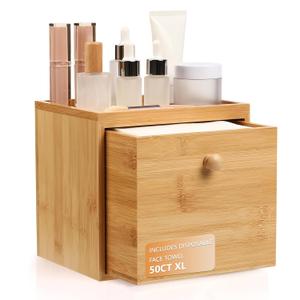 Disposable Face Towel with Bamboo Drawer Storage Box - Face Towelettes Disposable XL, Facial Towels Disposable, Makeup Organizer for Clean Towels, Makeup Remover Dry Wipes Washcloths 50 Ct