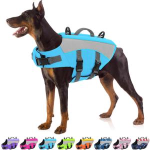 Dog Life Jacket, High Flotation Dog Swimming Vest with Handle, High Visibility Doggy Life Preserver for Pool Beach, Adjustable Pet Water Vest Lifejacket for Medium Large Dogs, Blue L