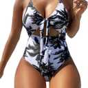WDIRARA Women's Hollow Out Knot Front One Piece Swimsuit Tropical Palm Tree Print Swimwear Bathing Suit (Medium, Black and White)