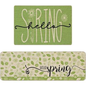 Spring Kitchen Mats Set of 2 Spring GreenFloral Kitchen Rugs Non Slip Washable Kitchen Sink Floor Mat Low Profile Absorbent Fatigue Mats for Standing 16x24 and 16x45.5 Inch (Green)