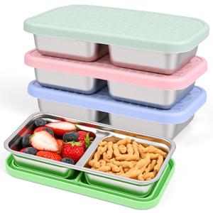 4 Pack Stainless Steel Snack Containers, Leak-Proof 2 Compartment Lunch Boxes with Silicone Lids, Reusable Metal Snack Box for Meal Prep, Travel, Outdoor & Daily Use (2 Compartments A)