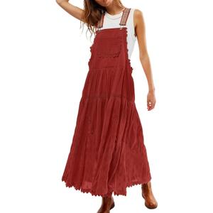 yoeasy Women's Boho Adjustable Strap Bib Maxi Dress Laced Embroidered Pleated Tiered Swing Long Dress with Pockets (XL Red)