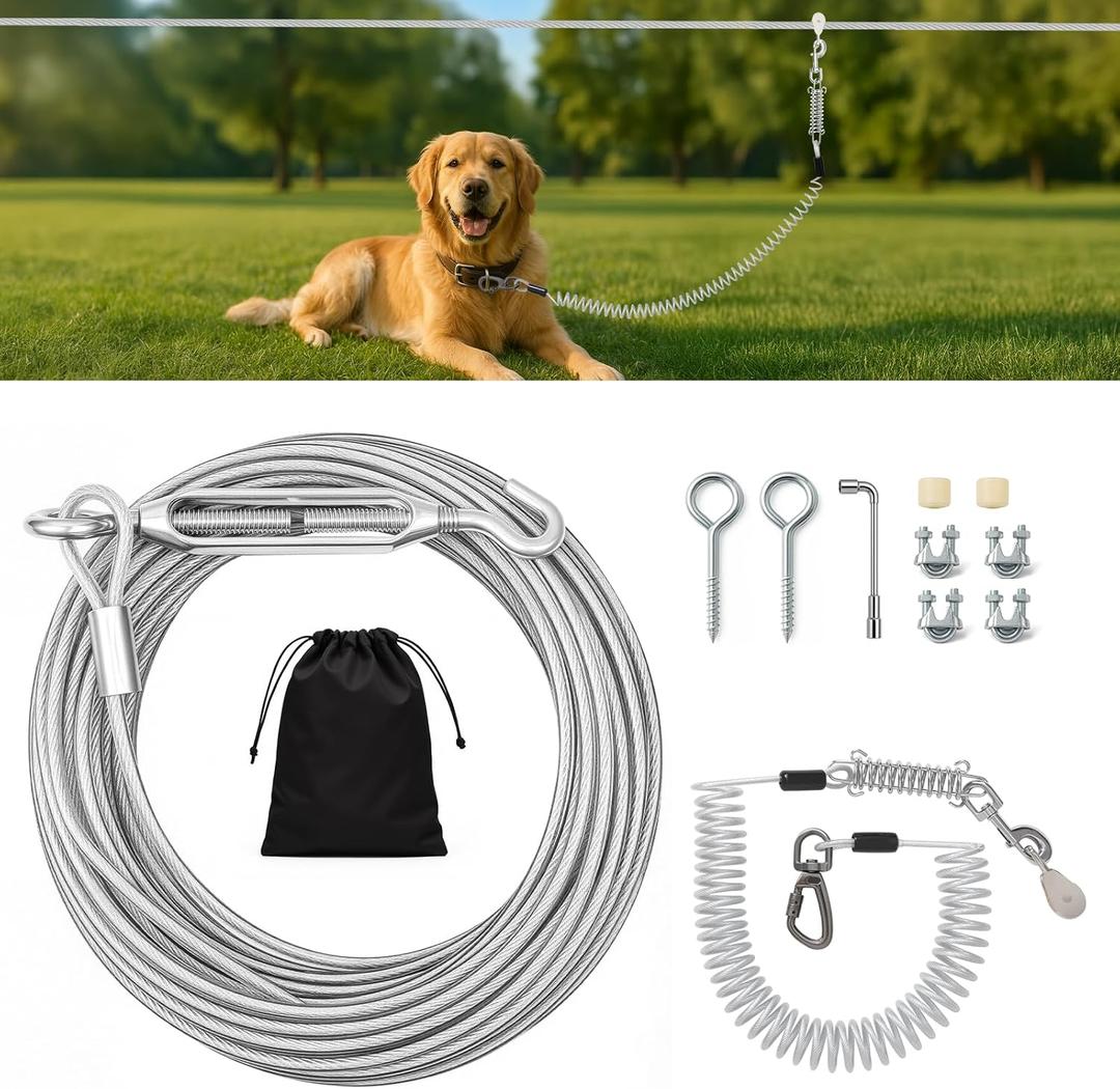 VST Professional Dual Shock-Absorbing Dog Trolley System - 75FT Aerial Dog Run Cable with Spring Tie Out Cable for Large Dogs Up to 250LBS,Chew Proof Zip Line for Backyard/Yard/Camping/Outdoor
