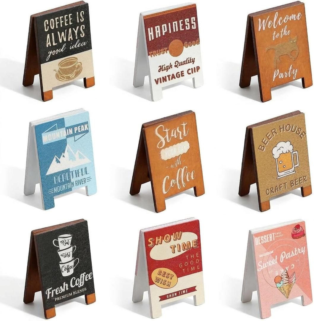9PCS Miniature A-Frame Wooden Signs, Mini Shop Sign Decor for Dollhouse, Desktop Display, Mini Scene Styling, Cafe Bakery Bar Sign Ornaments with Memo Clip Display Use
