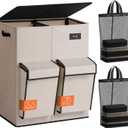 SOLEDI Double Laundry Hamper with Lid, 47.8 Gal (180L) Large Laundr Basket 2 Section with 2 Side Pockets, Dirty Clothes Hamper with Removable Bag, Easy to Carry for Laundry Room, Bedroom, Light taupe