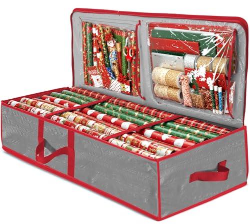ZOBER Gift Wrapping Paper Organizer Storage - 40" Gift Wrap Storage Containers With Interior Pockets For Bows, Tags & Ribbons - Wrapping Paper Holder, Waterproof, Fits 24 Standard Rolls (Gray)