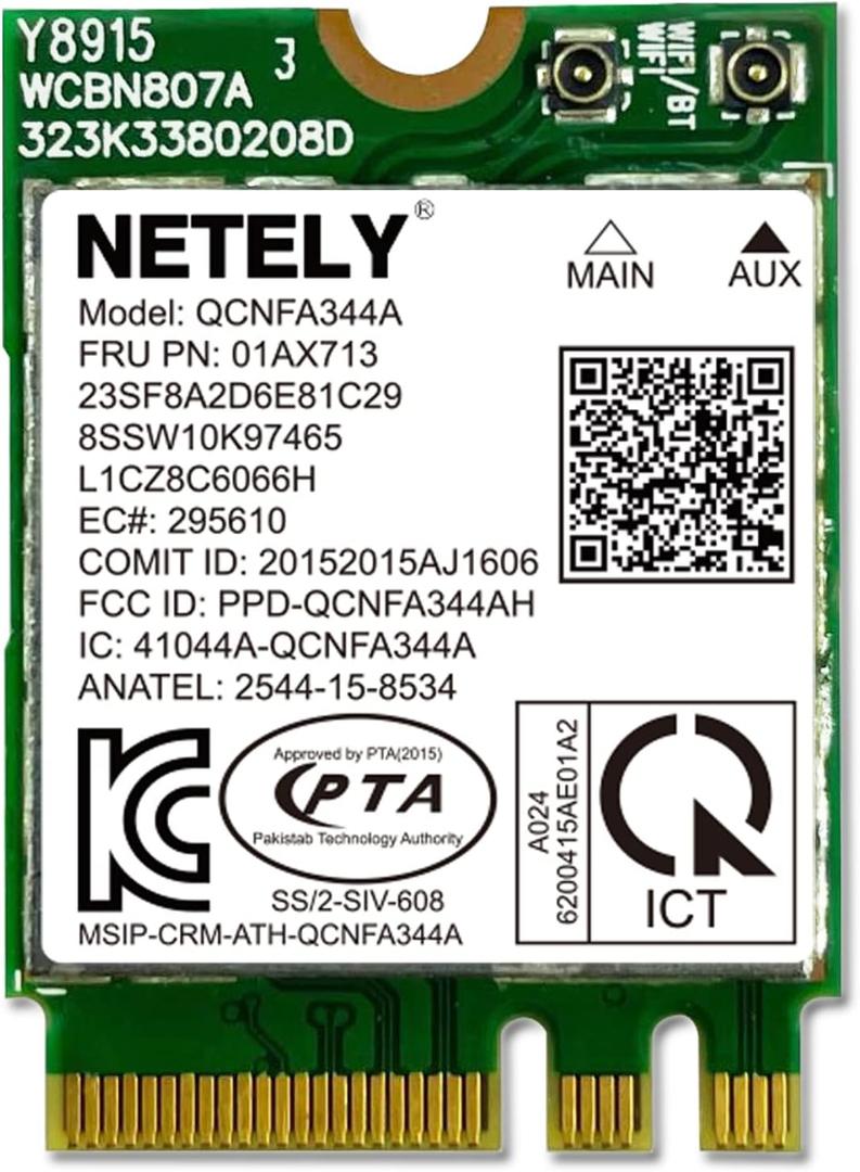 NETELY IEEE 802.11AC WiFi 5 NGFF M2 Interface 1200Mbps WiFi Adapter with Bluetooth 4.2 for Laptop PCs, 2.4GHz 300Mbps and 5GHz 867Mbps NGFF M2 WiFi Card, OEM Lenovo FRU PN: 01AX713 (QCNFA344A)