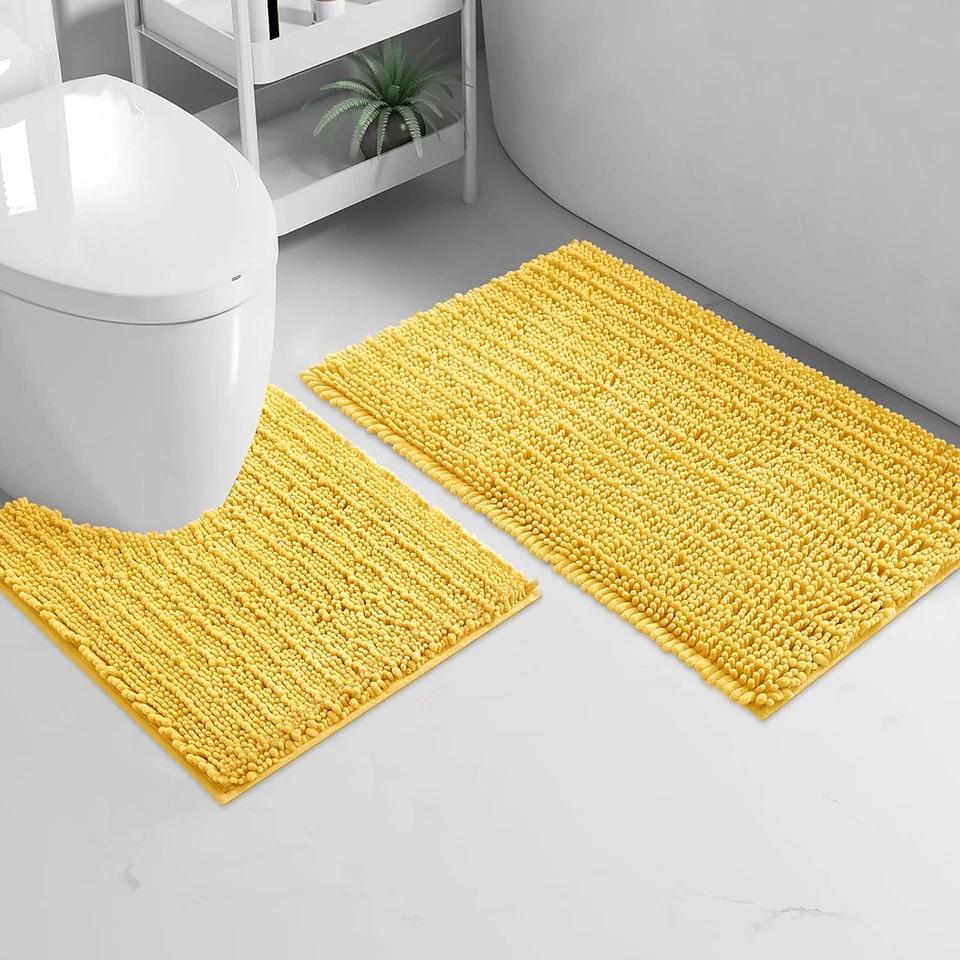2 Piece Set Soft Cozy Plush Chenille Bath Mat Highly Absorbent Bathroom Rug
