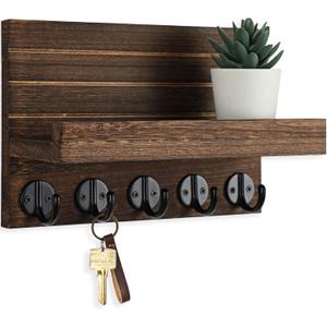 Lwenki Key Holder for Wall, Decorative Key and Mail Holder with Shelf Has Large Key Hooks for Bags, Coats Paulownia Wood Key Hanger with Mounting Hardware (9.8W x 6.7H x 4.2D) (Brown)