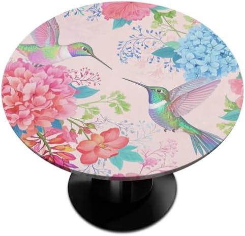 GzLeyigou Round Table Cloth Cover for Home Elastic Edge Waterproof Fitted Table Covers, 45"-56" Round Tablecloth for Picnic, Camping, Indoor and Outdoor, Tropical Flowers Hummingbirds