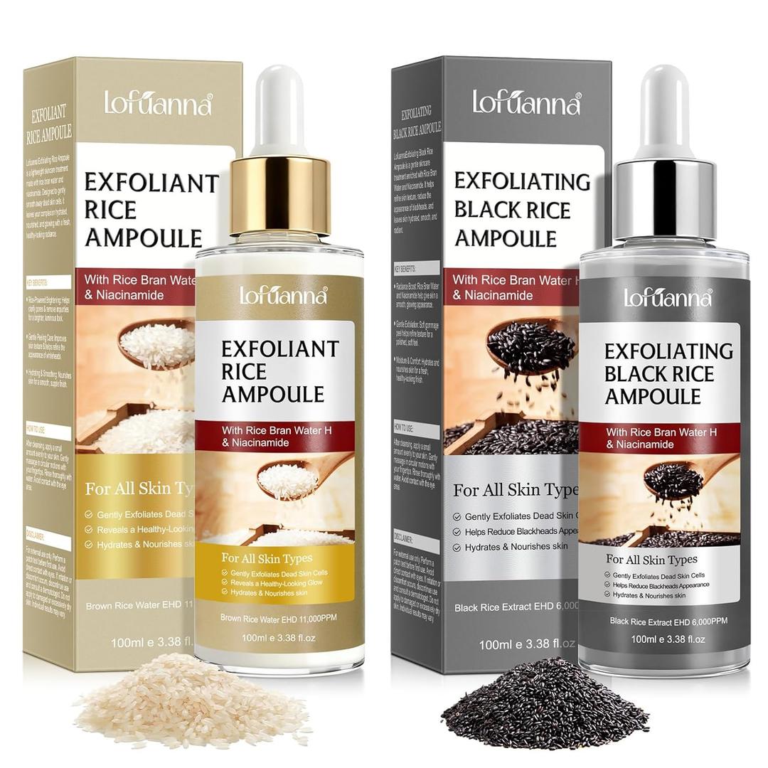 Rice Peel Shot Glow Rice Ampoule Duo, White And Black Rice Exfoliant For Face And Body, Peel Shot Glow Exfoliating Serum For All Skin Types, Gentle Peel + Pore Minimizing & Deep Hydration, 2pcs