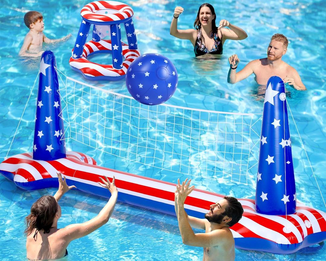 HOLYFUN Inflatable Pool Volleyball Floating Net Set Basketball Hoop with USA Flag Pattern, Summer Pool Water Games for Kids, Teens, Adults and Family
