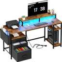 Lufeiya Gaming Desks with Led Lights and Power Outlets, 55 Inch Study Writing Computer Desk with Fabric File Drawers Cabinet for Bedroom, Home Office Desk with Shelves Monitor Stand, Rustic Brown