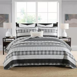 Homzard King Size Quilt,Black and White Striped Quilt King Size Bedding Set,Grey Bedding Set,Farmhouse Lightweight Comforter for Bed,100% Cotton All Season (King (106"x98"))